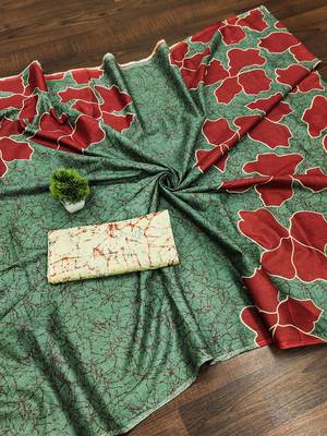 Green floral, batik print soft pure cotton saree with blouse. 5