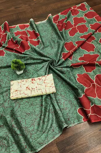 Green floral, batik print soft pure cotton saree with blouse.