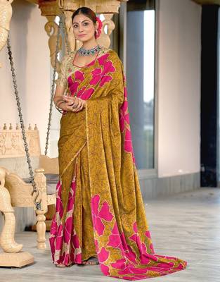 Mustard floral, batik print soft pure cotton saree with blouse. 1