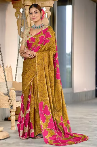 Mustard floral, batik print soft pure cotton saree with blouse.
