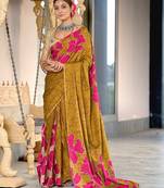 Mustard floral, batik print soft pure cotton saree with blouse.