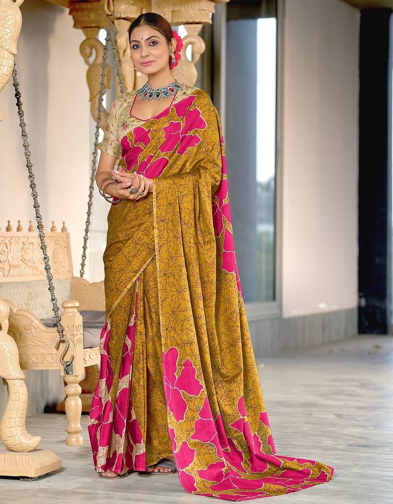 Mustard floral, batik print soft pure cotton saree with blouse.