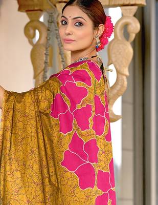 Mustard floral, batik print soft pure cotton saree with blouse. 2
