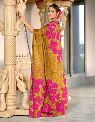 Mustard floral, batik print soft pure cotton saree with blouse. 3