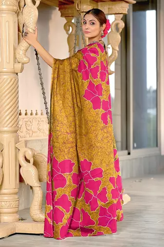 Mustard floral, batik print soft pure cotton saree with blouse.