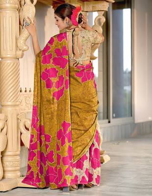 Mustard floral, batik print soft pure cotton saree with blouse. 4
