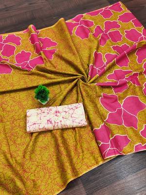 Mustard floral, batik print soft pure cotton saree with blouse. 5