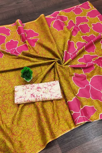 Mustard floral, batik print soft pure cotton saree with blouse.