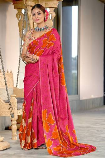 Orange floral, batik print soft pure cotton saree with blouse.