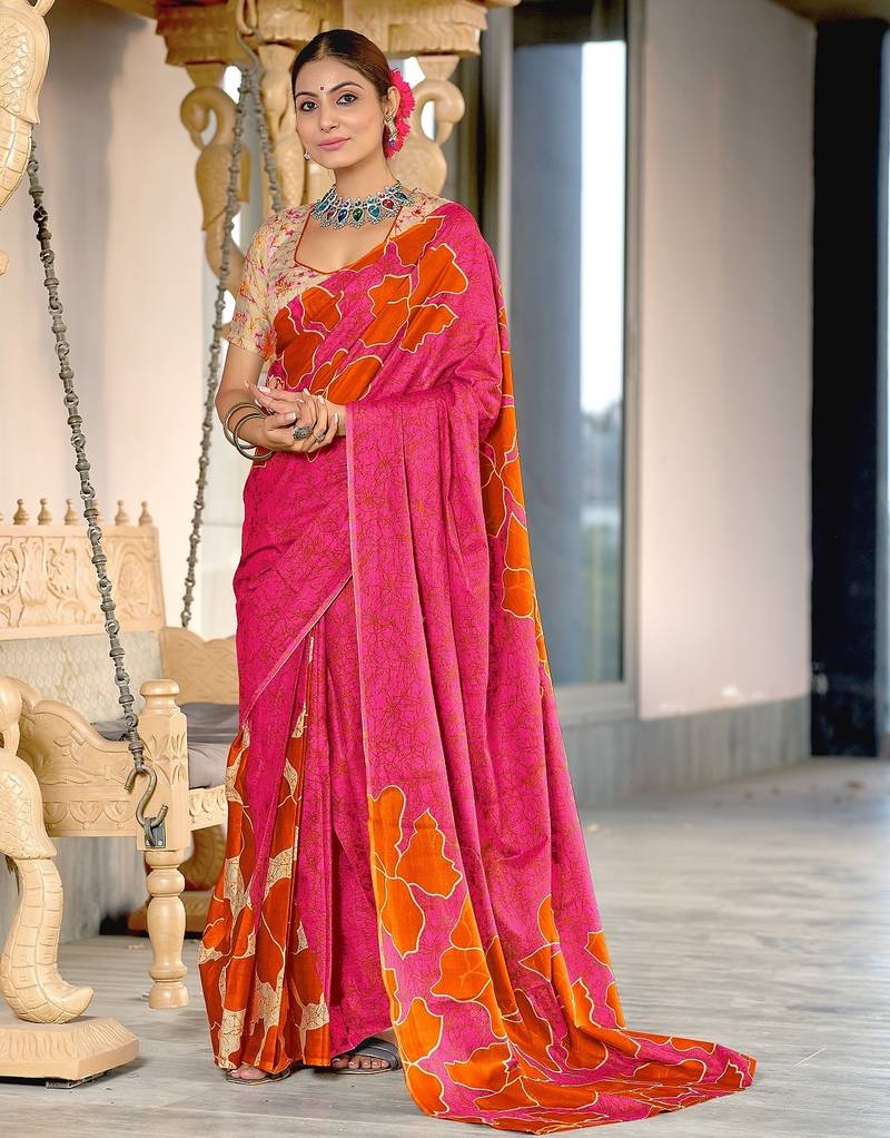 Orange floral, batik print soft pure cotton saree with blouse.
