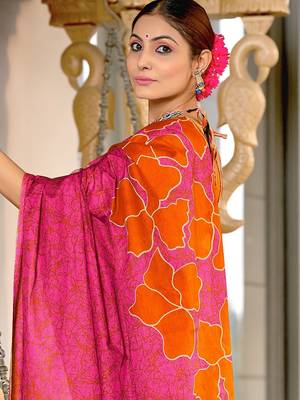 Orange floral, batik print soft pure cotton saree with blouse. 2