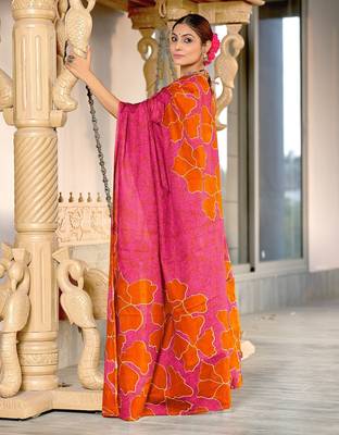 Orange floral, batik print soft pure cotton saree with blouse. 3