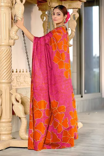 Orange floral, batik print soft pure cotton saree with blouse.