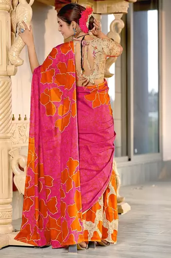 Orange floral, batik print soft pure cotton saree with blouse.
