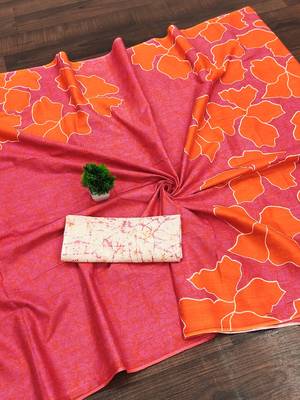 Orange floral, batik print soft pure cotton saree with blouse. 5