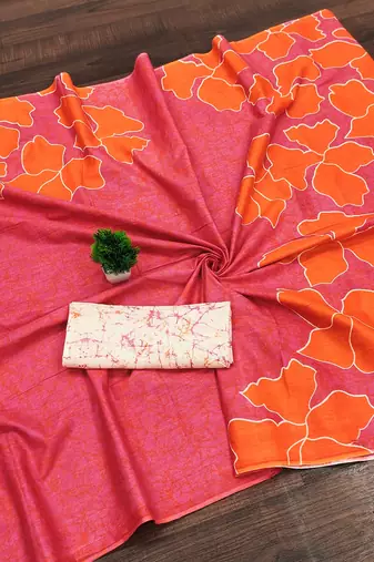 Orange floral, batik print soft pure cotton saree with blouse.
