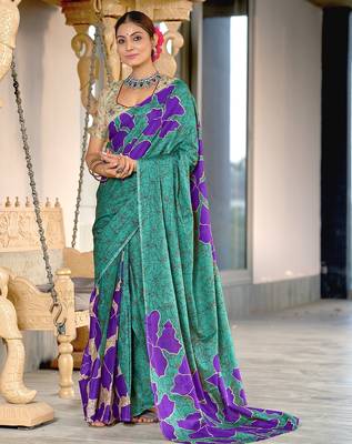 Teal green floral, batik print soft pure cotton saree with blouse. 1