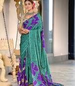 Teal green floral, batik print soft pure cotton saree with blouse.