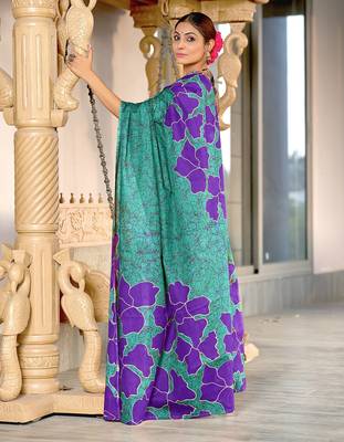 Teal green floral, batik print soft pure cotton saree with blouse. 2