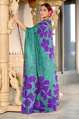 Teal green floral, batik print soft pure cotton saree with blouse.