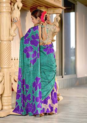 Teal green floral, batik print soft pure cotton saree with blouse. 3