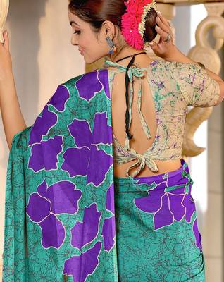 Teal green floral, batik print soft pure cotton saree with blouse. 4