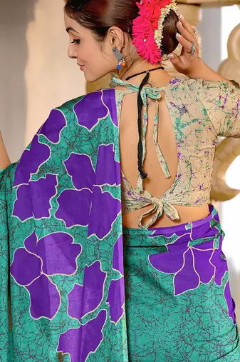 Teal green floral, batik print soft pure cotton saree with blouse.
