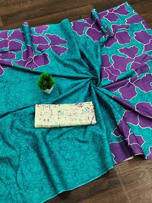 Teal green floral, batik print soft pure cotton saree with blouse. 5