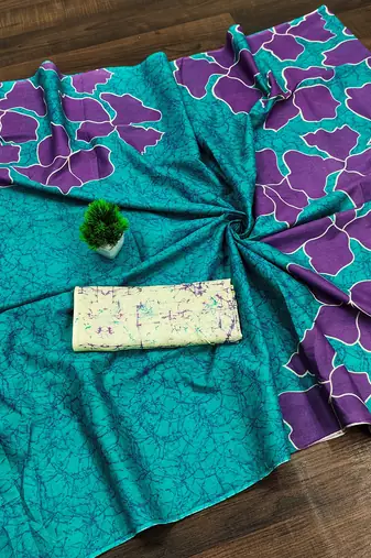 Teal green floral, batik print soft pure cotton saree with blouse.