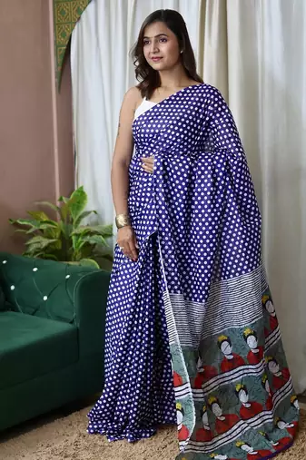 Blue polka dot print soft pure cotton saree with blouse.
