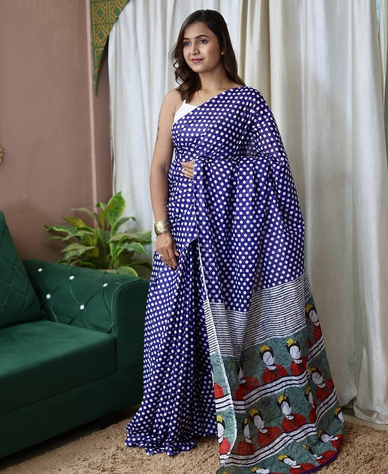 Blue polka dot print soft pure cotton saree with blouse.