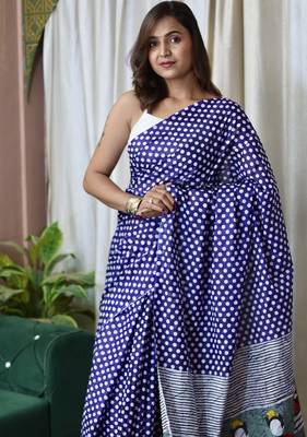 Blue polka dot print soft pure cotton saree with blouse. 2