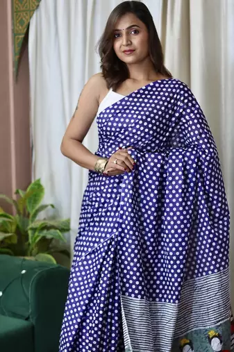 Blue polka dot print soft pure cotton saree with blouse.