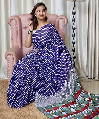 Blue polka dot print soft pure cotton saree with blouse. 3