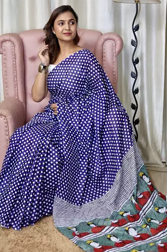 Blue polka dot print soft pure cotton saree with blouse.