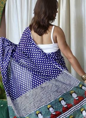 Blue polka dot print soft pure cotton saree with blouse. 4