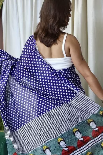 Blue polka dot print soft pure cotton saree with blouse.