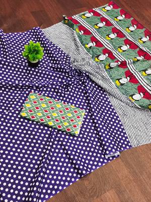 Blue polka dot print soft pure cotton saree with blouse. 5