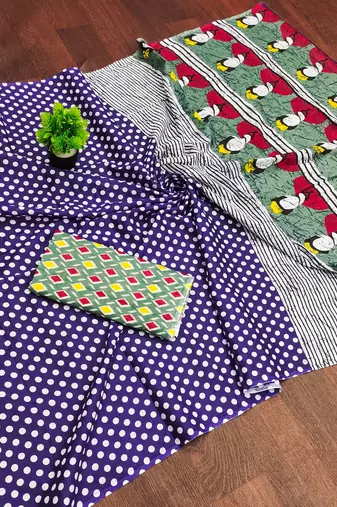 Blue polka dot print soft pure cotton saree with blouse.