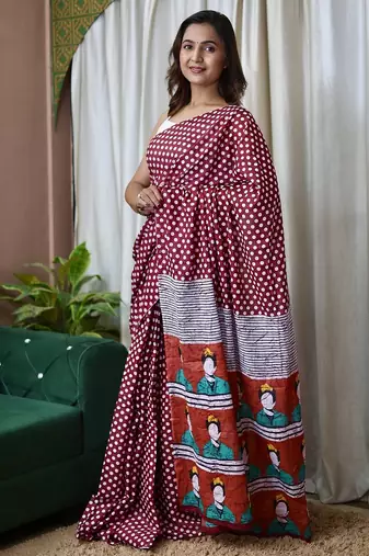 Maroon polka dot print soft pure cotton saree with blouse.