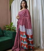 Maroon polka dot print soft pure cotton saree with blouse.
