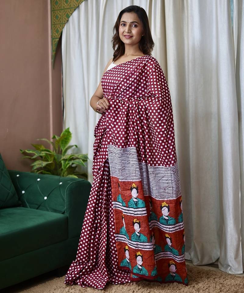 Maroon polka dot print soft pure cotton saree with blouse.