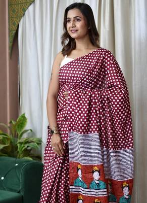 Maroon polka dot print soft pure cotton saree with blouse. 2