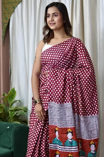 Maroon polka dot print soft pure cotton saree with blouse.