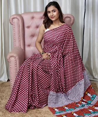 Maroon polka dot print soft pure cotton saree with blouse. 3