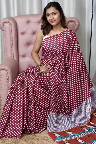 Maroon polka dot print soft pure cotton saree with blouse.