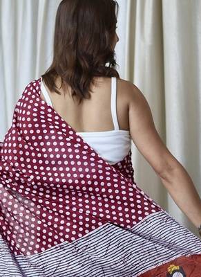 Maroon polka dot print soft pure cotton saree with blouse. 4