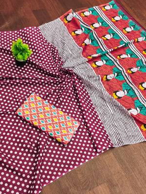 Maroon polka dot print soft pure cotton saree with blouse. 5
