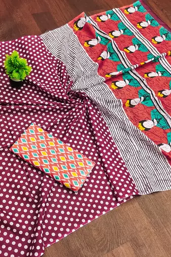 Maroon polka dot print soft pure cotton saree with blouse.