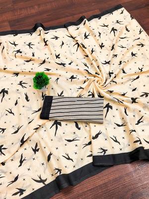 Cream block print soft pure cotton saree with blouse. 5